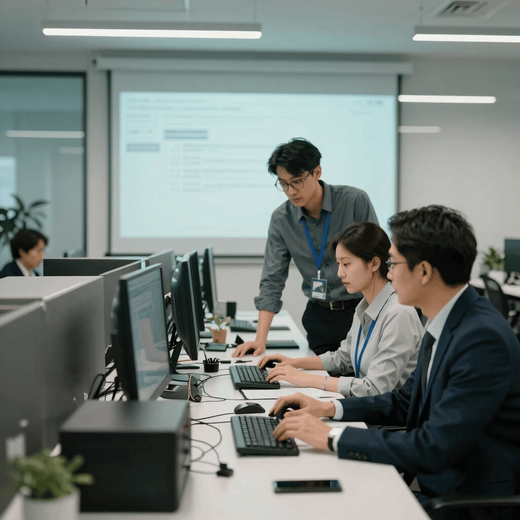 Equipo de trabajo operando una infraestructura de red empresarial